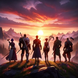 A group of heroes stands on the edge of a cliff during a breathtaking sunset. The scene captures their silhouettes against the vibrant colors of the sun