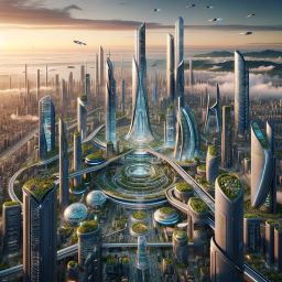 A breathtaking panorama of a futuristic city, 1000 years in the future, showcasing an advanced civilization.