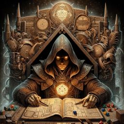 A mystical pen and paper RPG game master, is portrayed from a frontal perspective.