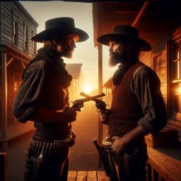 An intense moment captured in a classic Western genre scene, focusing on the face-off between a notorious outlaw and a fearless sheriff.