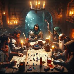 A group of heroes from a fantasy world sitting around a table in a medieval tavern, deeply engrossed in playing Dungeons and Dragons.