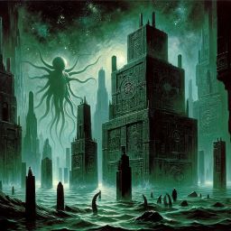 Illustrate a scene inspired by H.P. Lovecraft's Cthulhu Mythos, capturing the essence of cosmic horror and the unknown.