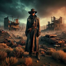 A solitary figure stands in a post-apocalyptic wasteland, emphasizing the stark, desolate landscape even more in the background.