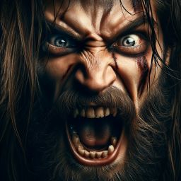 A close-up, frontal view of a barbarian's face, capturing the raw intensity of his anger as he shouts.