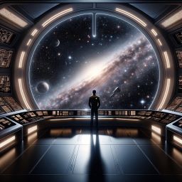 A detailed depiction of a spaceship captain looking out a window into the expanse of space.