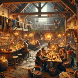 The interior of a cozy, bustling fantasy medieval tavern. The scene is warmly lit by candlelight and a roaring fireplace.